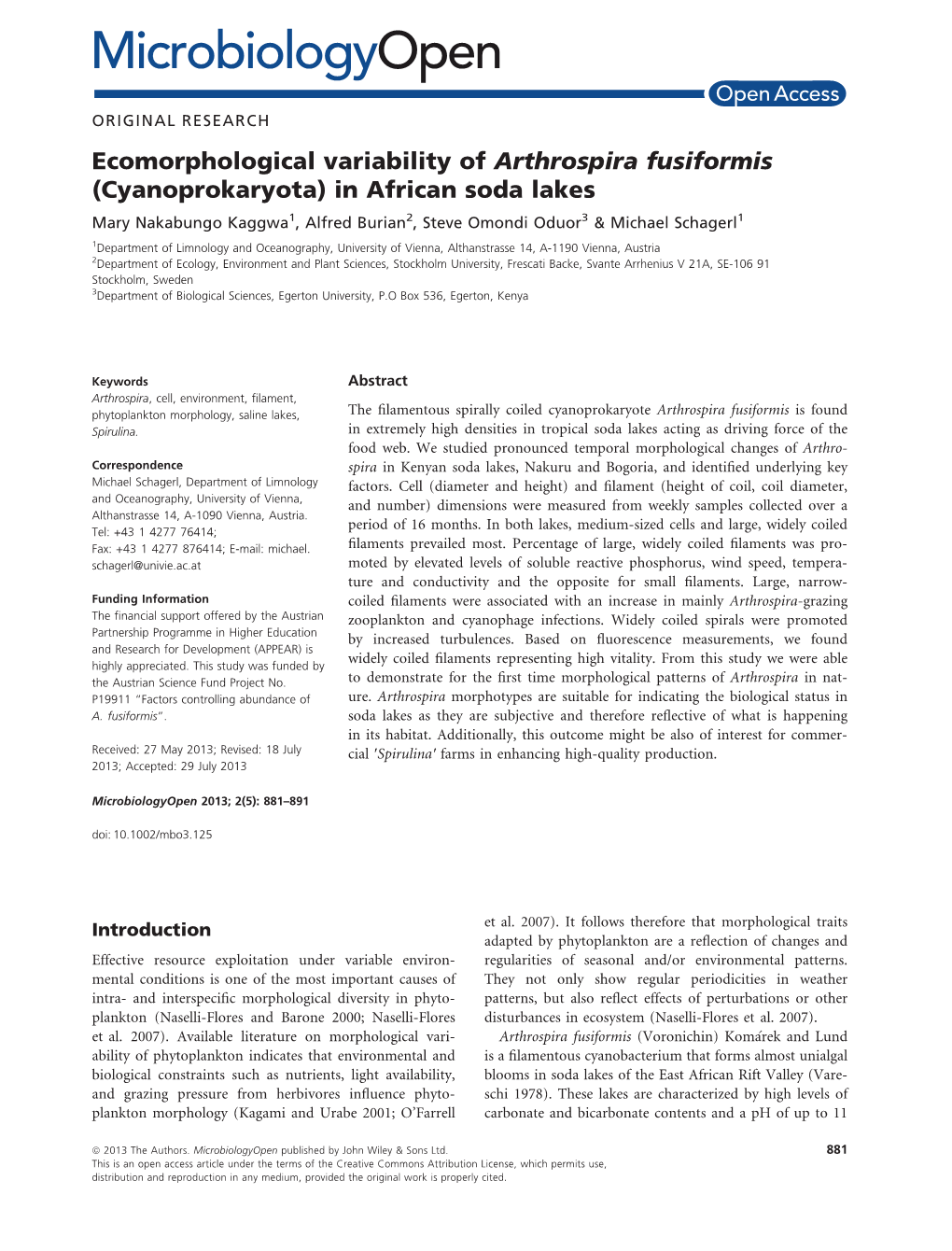 Ecomorphological Variability of Arthrospira Fusiformis (Cyanoprokaryota) in African Soda Lakes