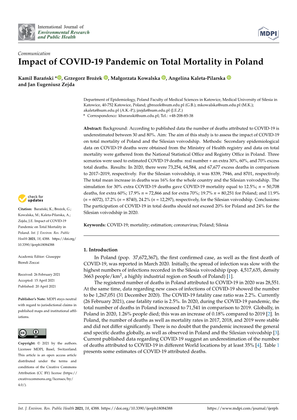 Impact of COVID-19 Pandemic on Total Mortality in Poland