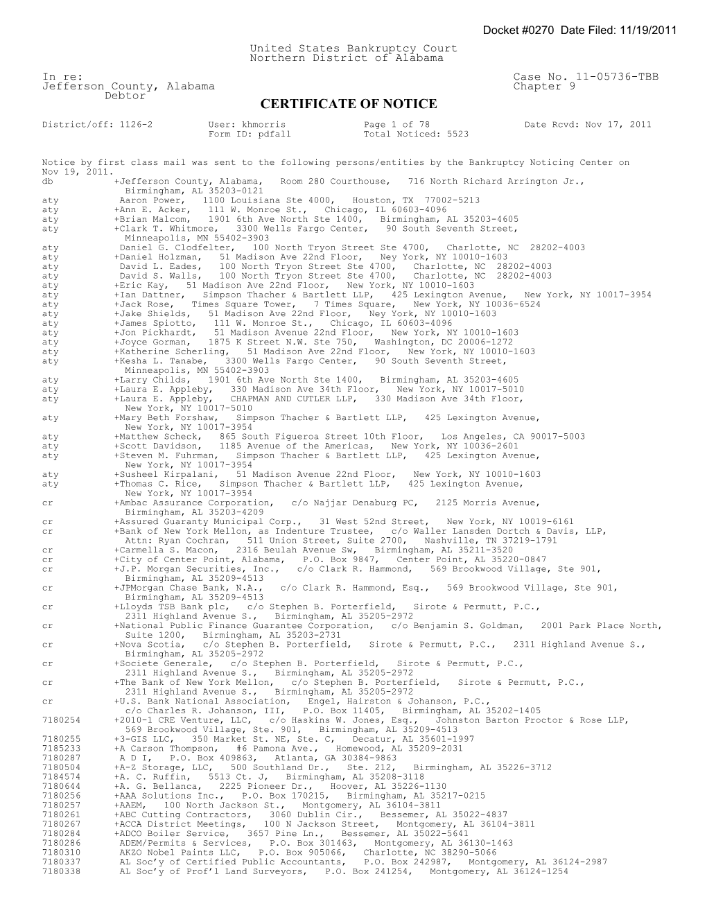 CERTIFICATE of NOTICE District/Off: 1126-2 User: Khmorris Page 1 of 78 Date Rcvd: Nov 17, 2011 Form ID: Pdfall Total Noticed: 5523