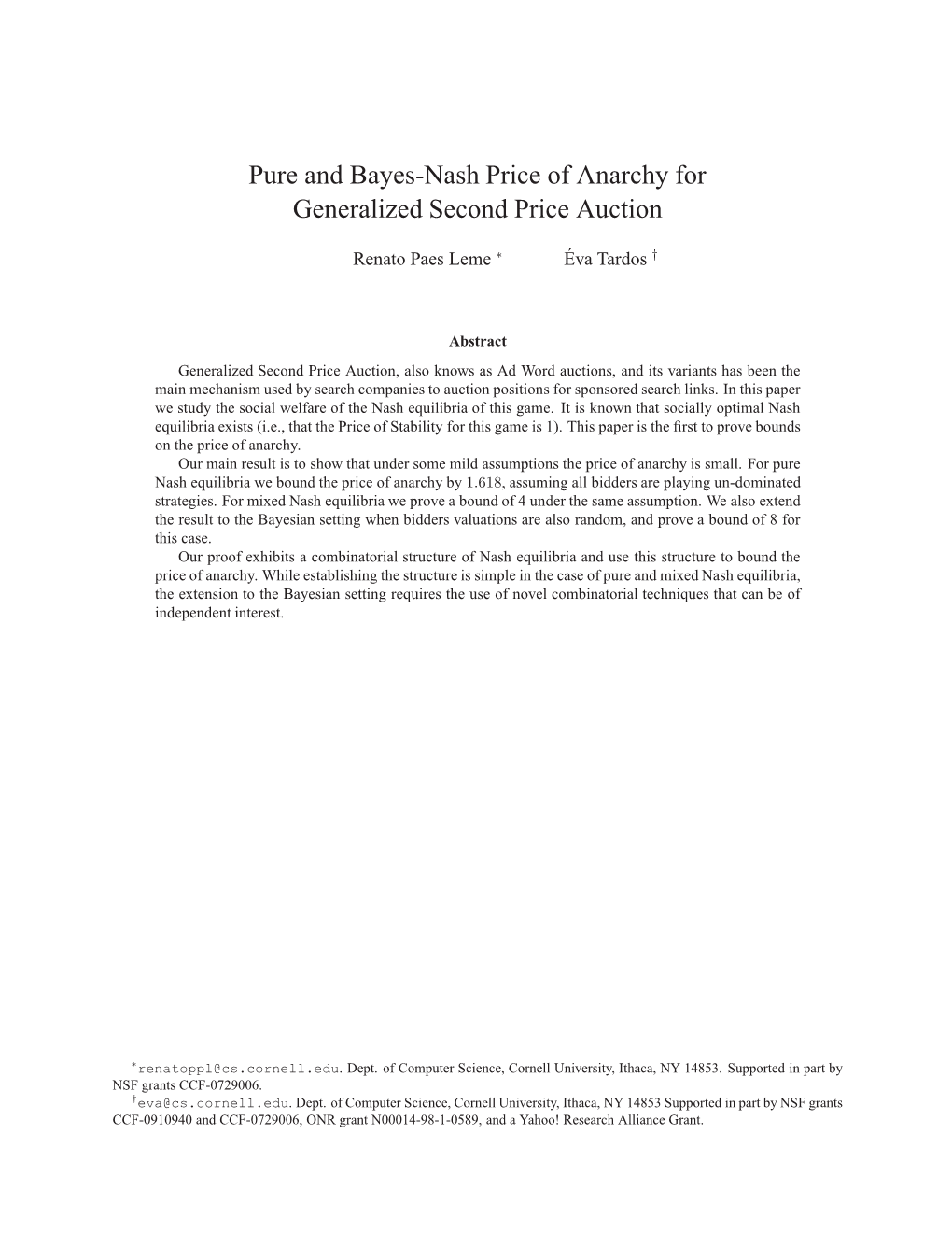 Pure and Bayes-Nash Price of Anarchy for Generalized Second Price Auction