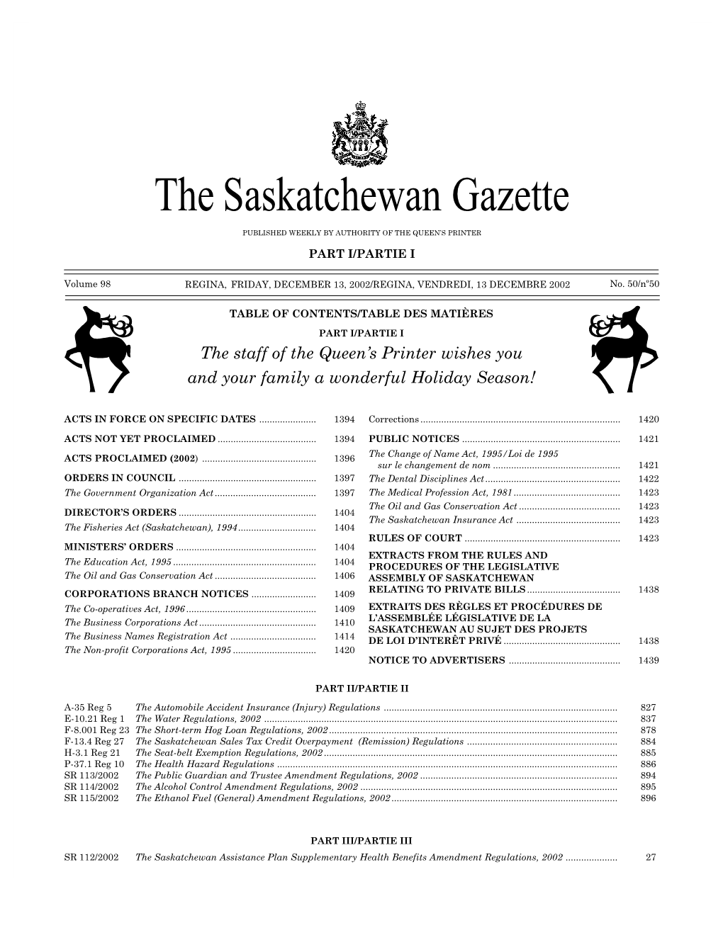 Sask Gazette, Part I, Dec13, 2002
