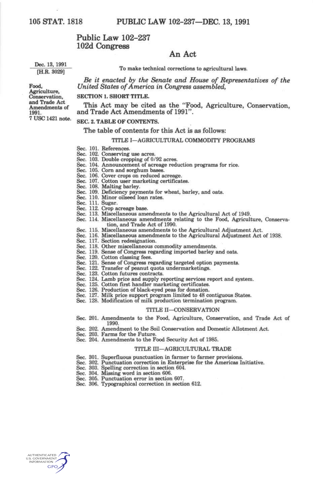 105 Stat. 1818 Public Law 102-237—Dec. 13, 1991