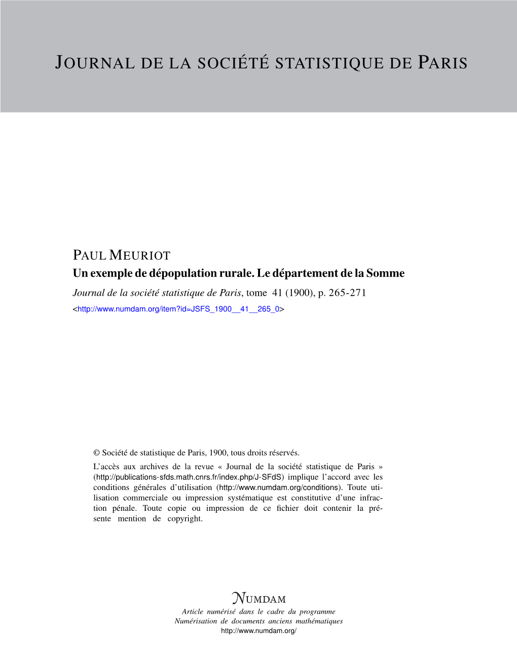 Un Exemple De Dépopulation Rurale. Le Département De La Somme Journal De La Société Statistique De Paris, Tome 41 (1900), P