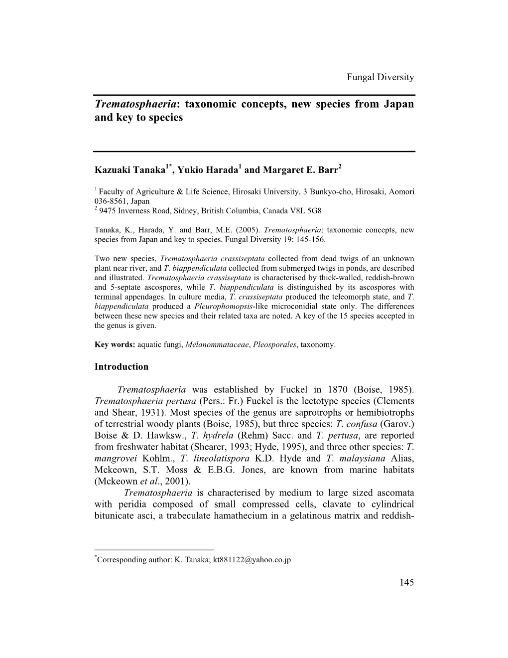 Trematosphaeria: Taxonomic Concepts, New Species from Japan and Key to Species