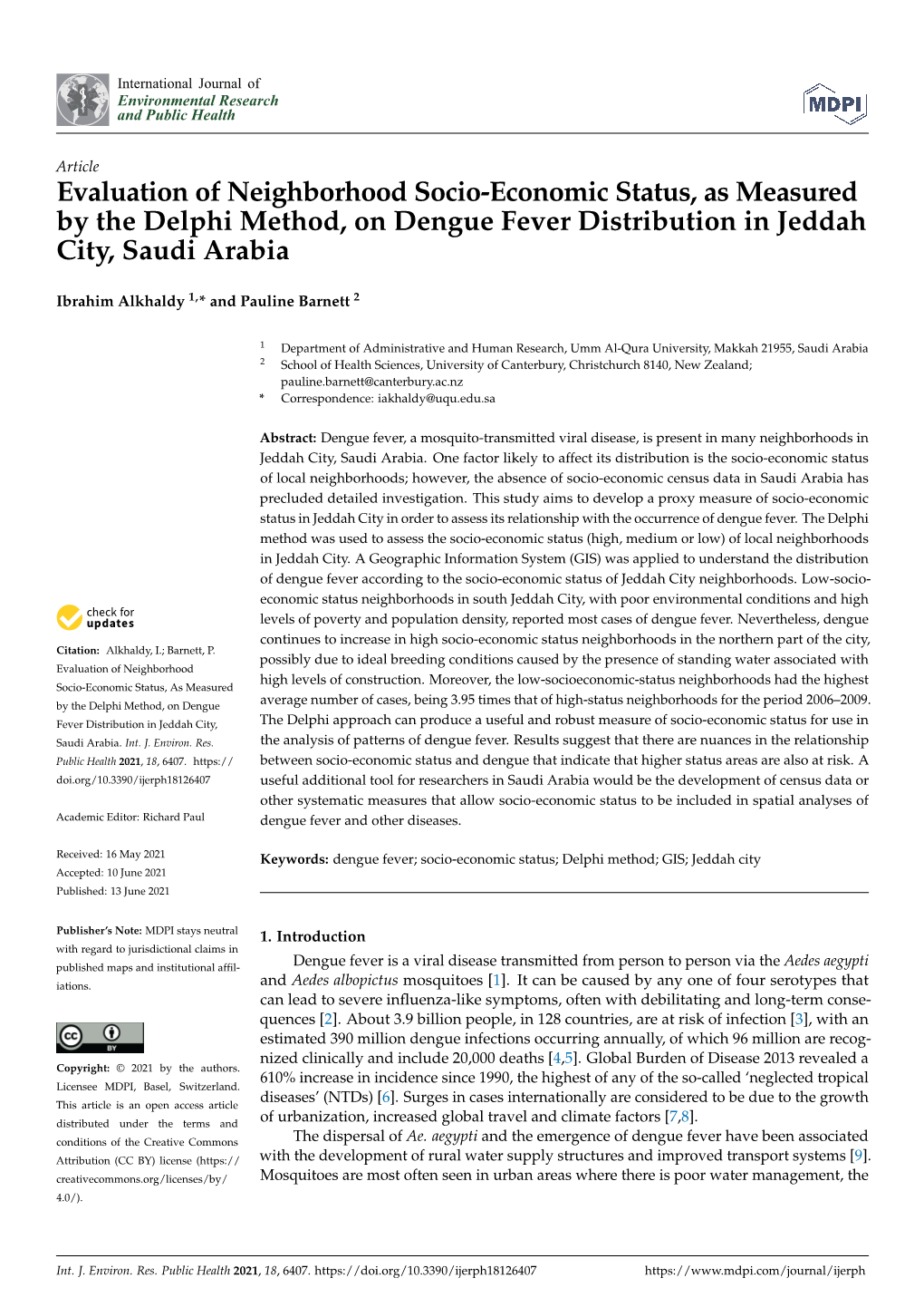 Evaluation of Neighborhood Socio-Economic Status, As Measured by the Delphi Method, on Dengue Fever Distribution in Jeddah City, Saudi Arabia