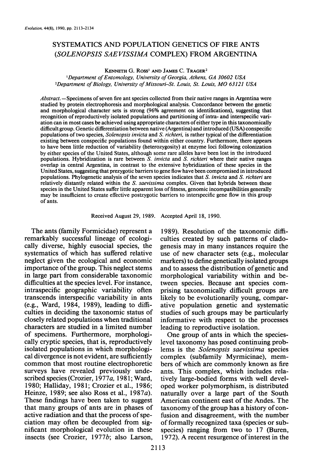 Systematics and Population Genetics of Fire Ants (Solenopsis Saevissima Complex) from Argentina