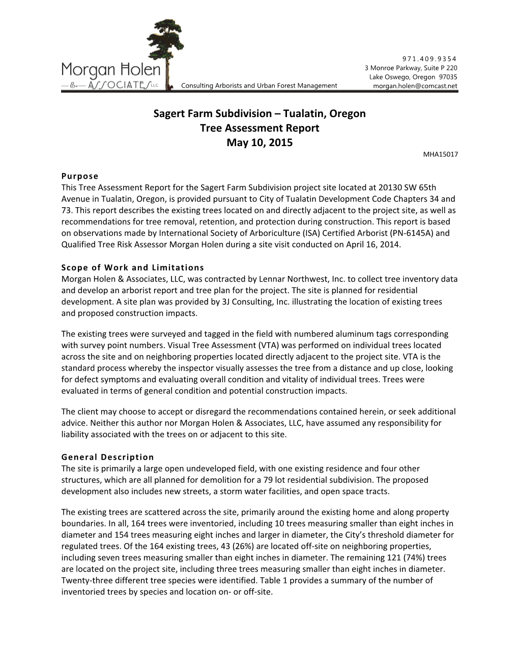 Tualatin, Oregon Tree Assessment Report May 10, 2015 MHA15017