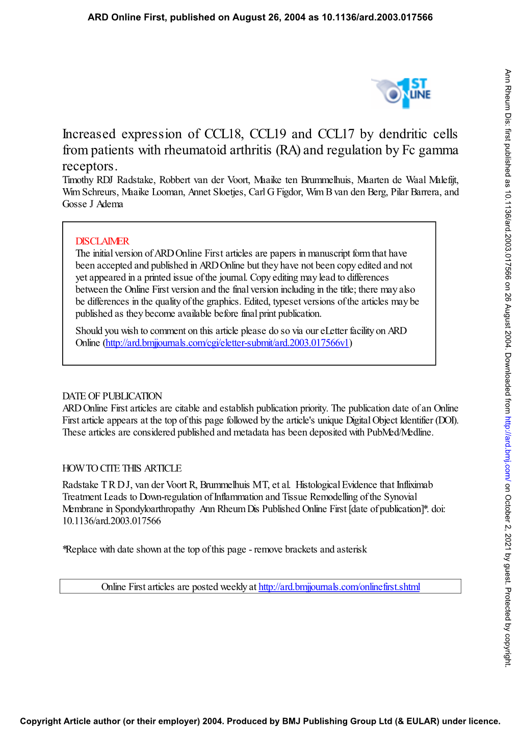 Increased Expression of CCL18, CCL19 and CCL17 by Dendritic Cells from Patients with Rheumatoid Arthritis (RA) and Regulation by Fc Gamma Receptors