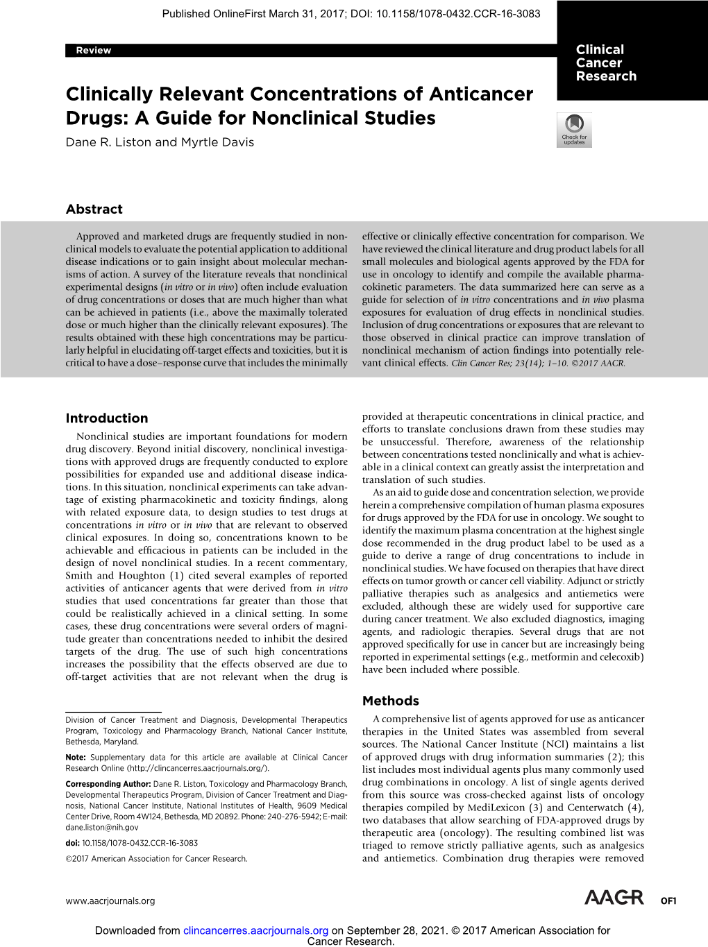 Clinically Relevant Concentrations of Anticancer Drugs: a Guide for Nonclinical Studies Dane R