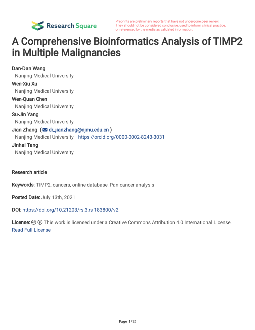 A Comprehensive Bioinformatics Analysis of TIMP2 in Multiple Malignancies