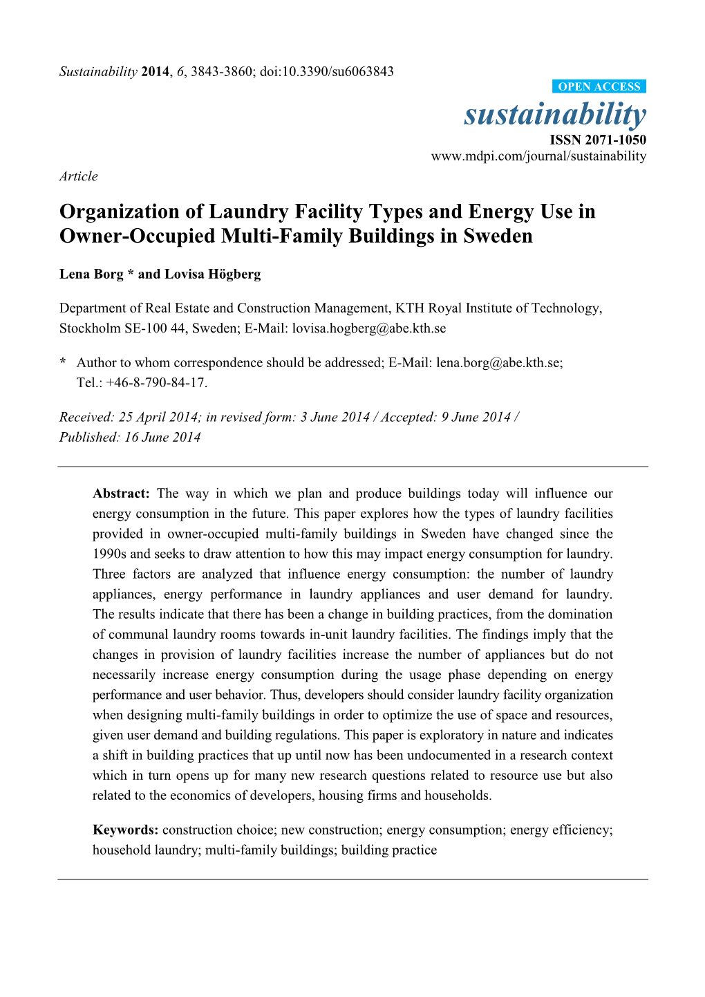 Organization of Laundry Facility Types and Energy Use in Owner-Occupied Multi-Family Buildings in Sweden