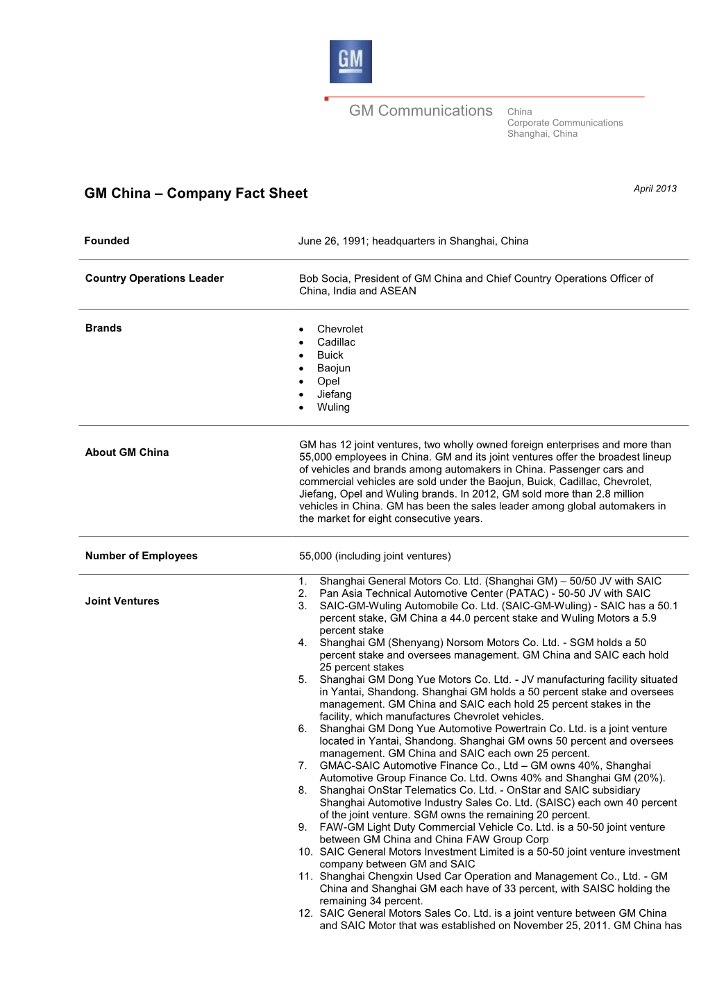 GM China Fact Sheet