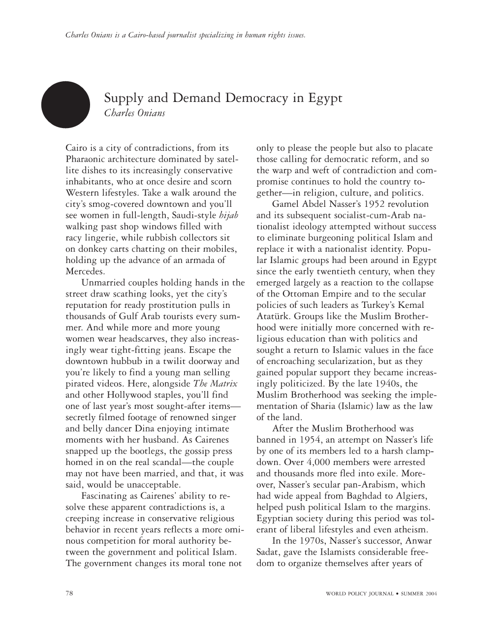 Supply and Demand Democracy in Egypt Charles Onians