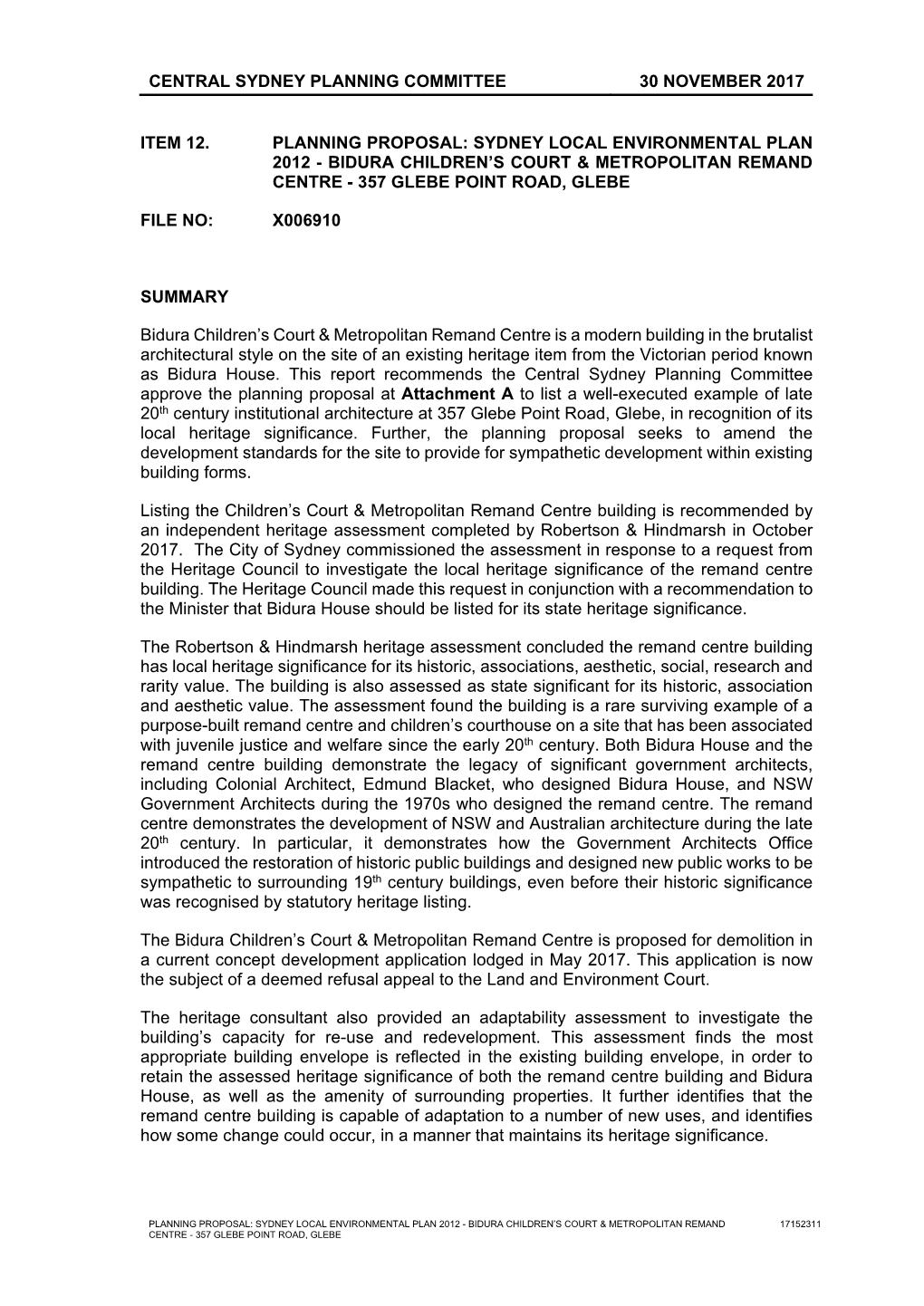 Planning Proposal: Sydney Local Environmental Plan 2012 - Bidura Children’S Court & Metropolitan Remand Centre - 357 Glebe Point Road, Glebe