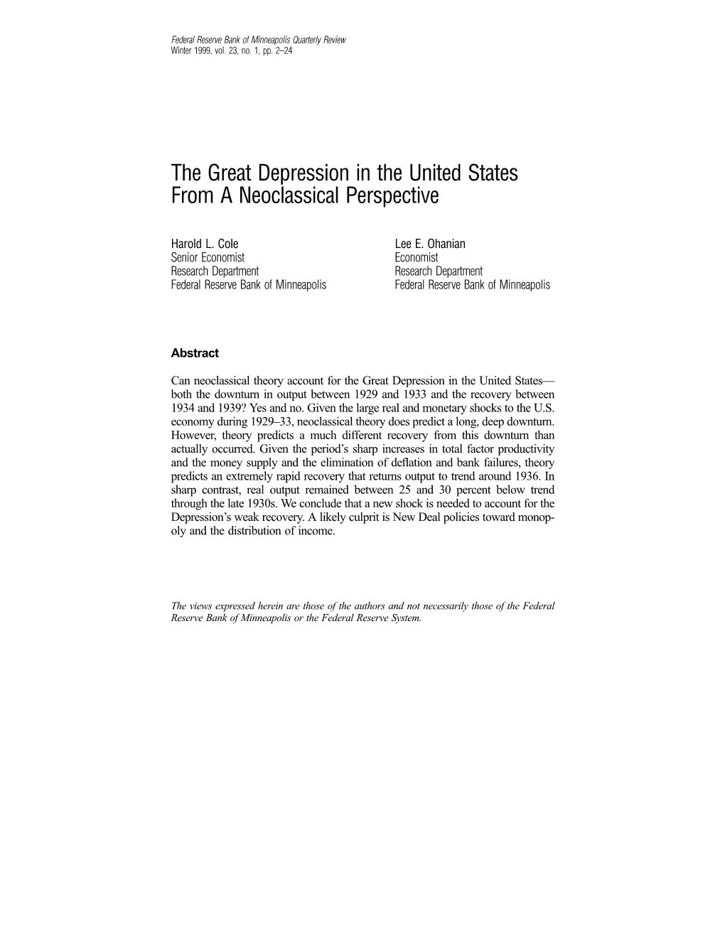 Great Depression in the U.S. from a Neoclassical Perspective