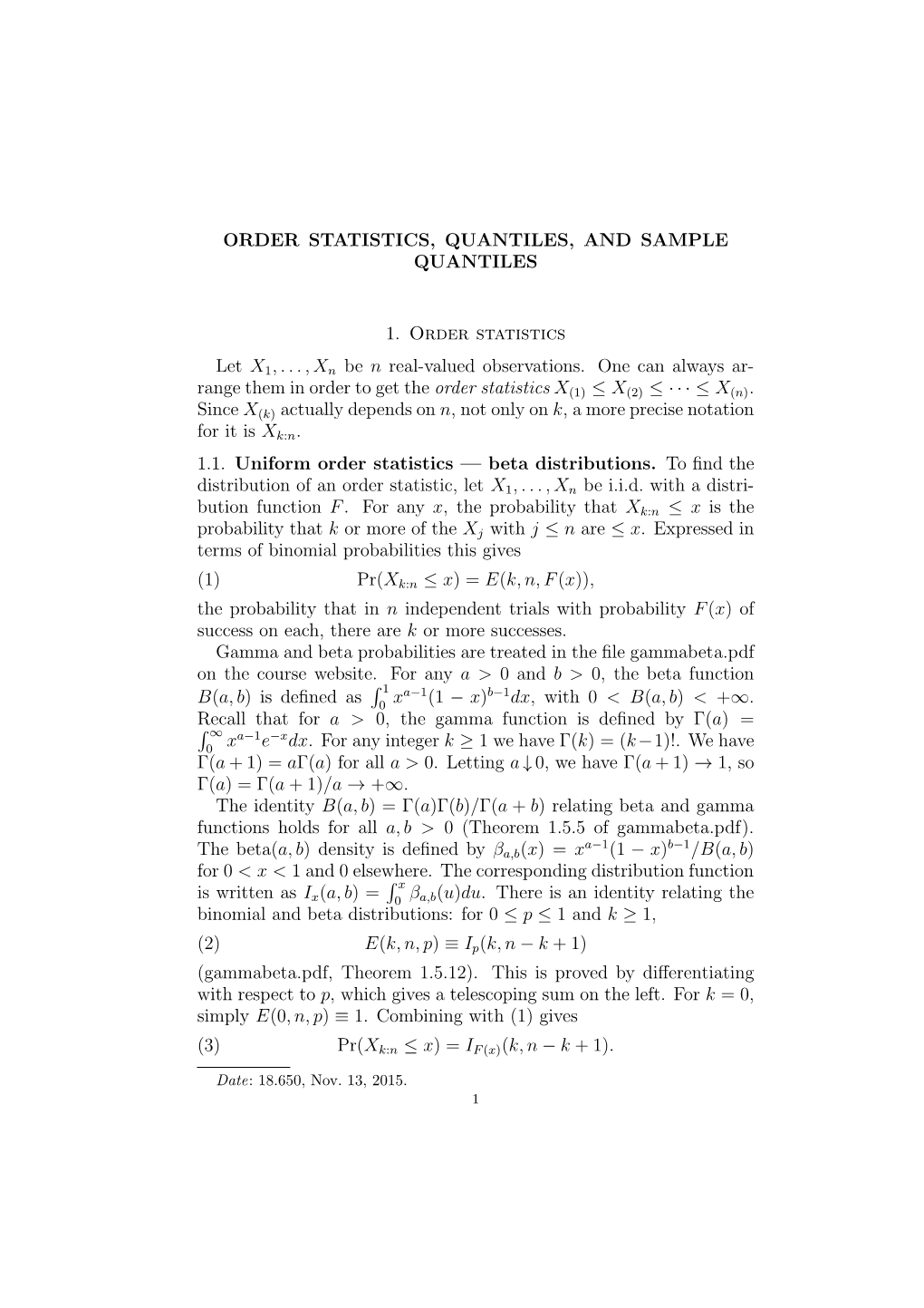 Order Statistics, Quantiles, and Sample Quantiles