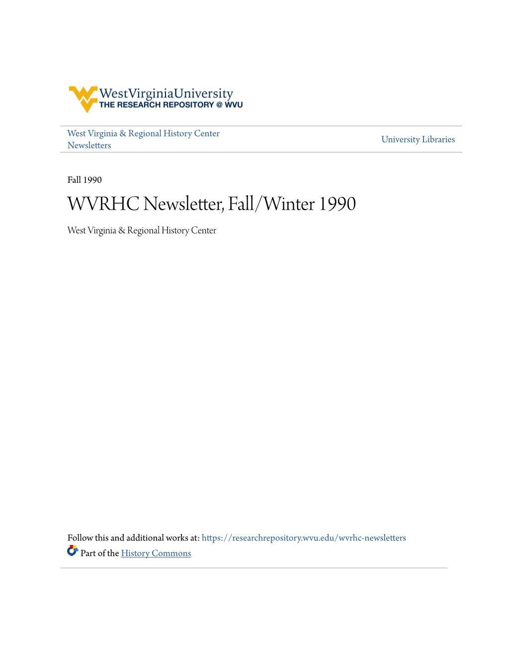 WVRHC Newsletter, Fall/Winter 1990 West Virginia & Regional History Center