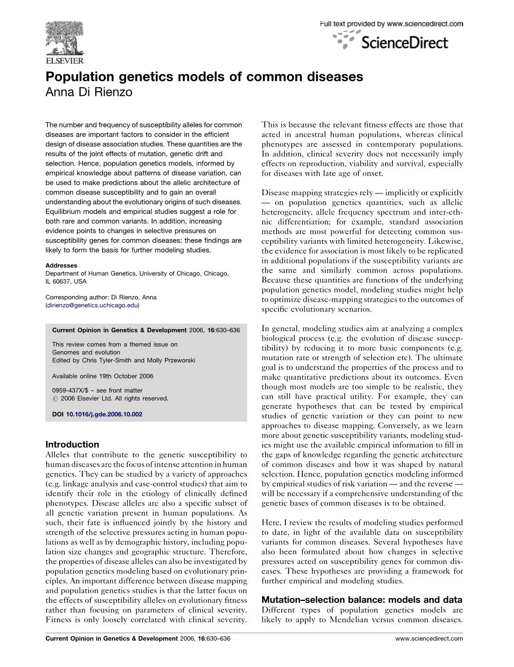 Population Genetics Models of Common Diseases Anna Di Rienzo