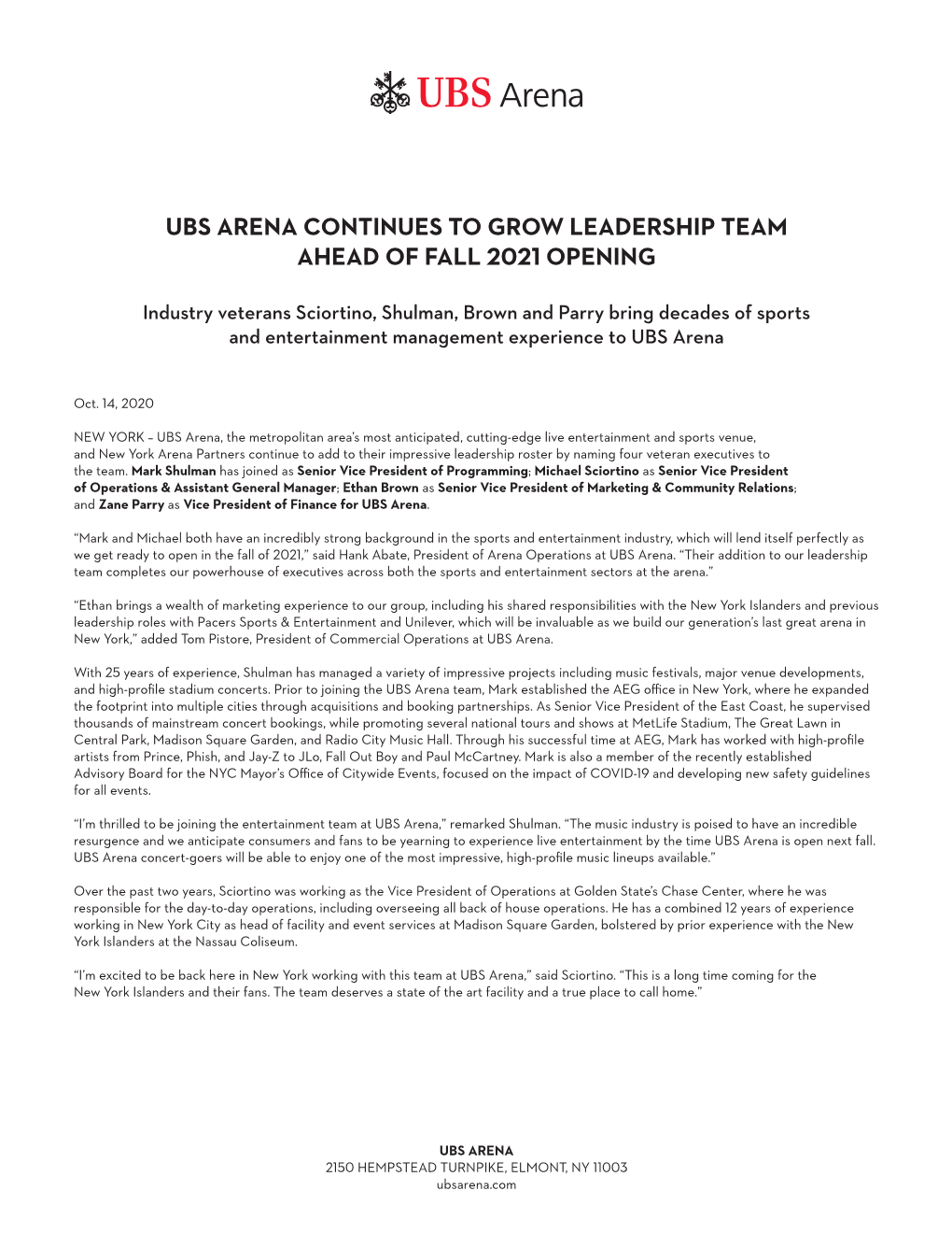 Ubs Arena Continues to Grow Leadership Team Ahead of Fall 2021 Opening