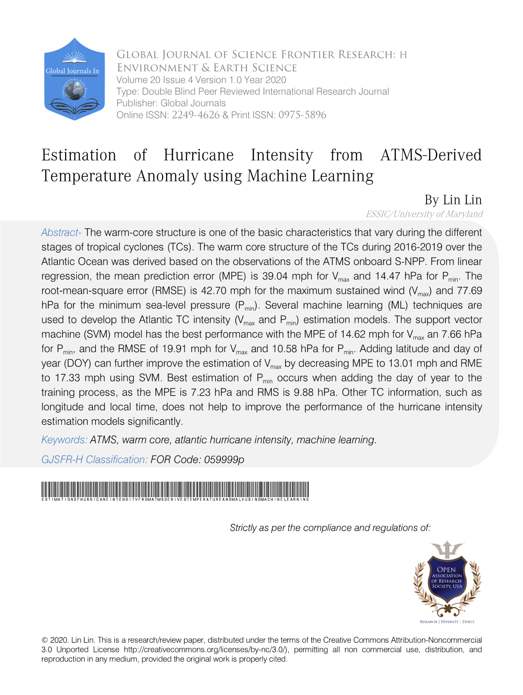 Estimation of Hurricane Intensity from ATMS-Derived Temperature