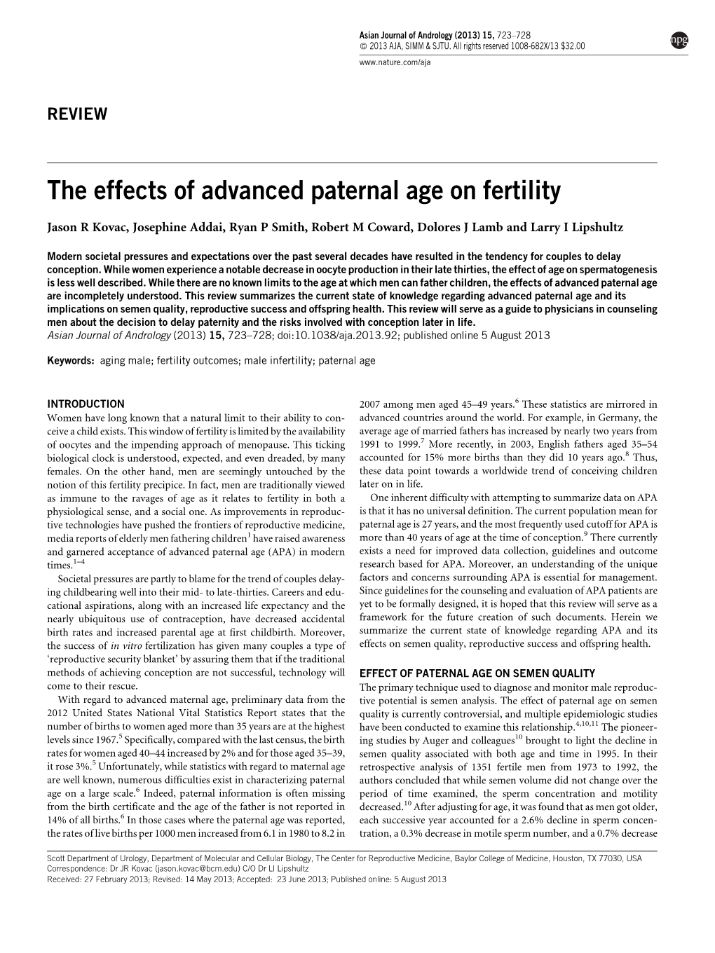 The Effects of Advanced Paternal Age on Fertility