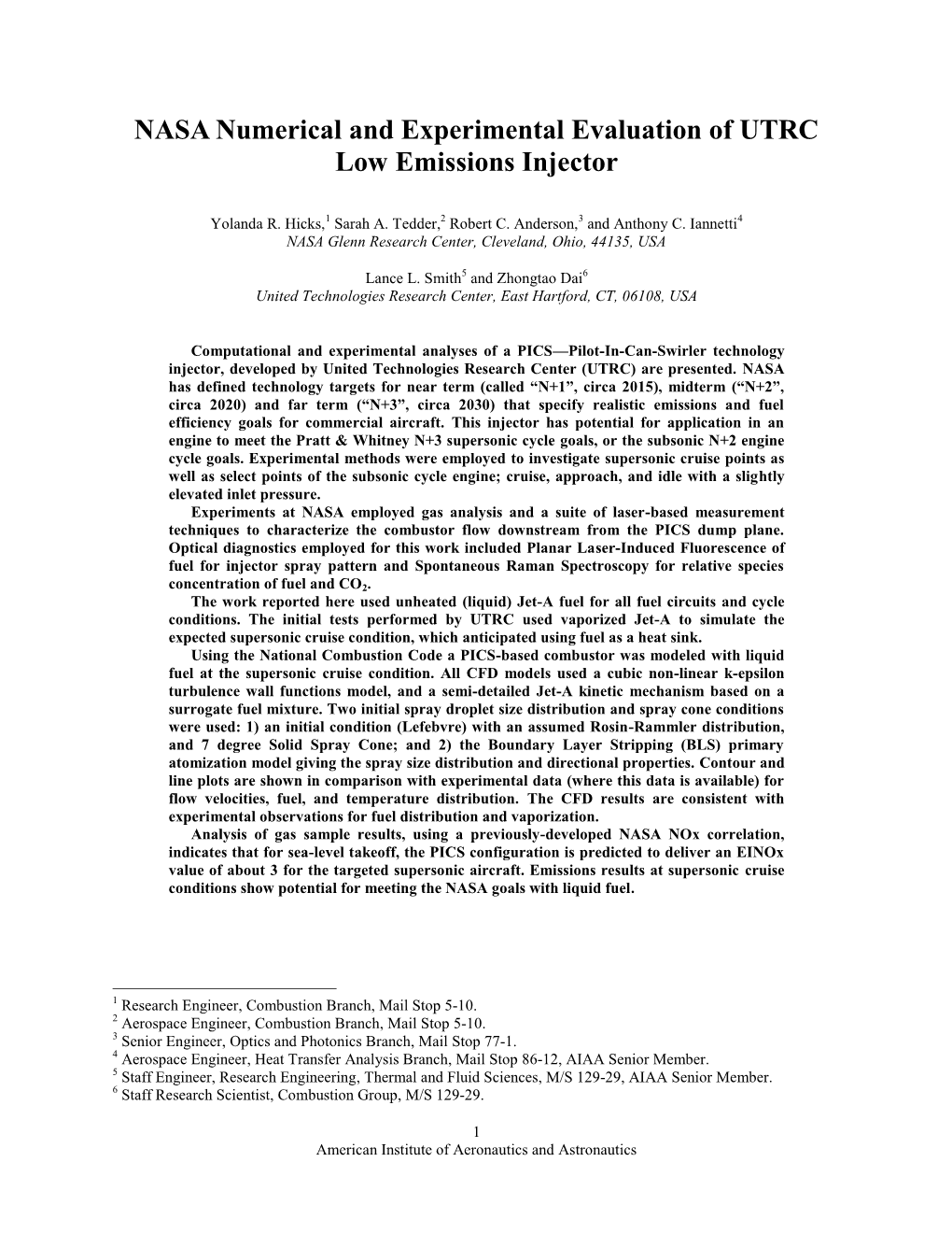 NASA Numerical and Experimental Evaluation of UTRC Low Emissions Injector