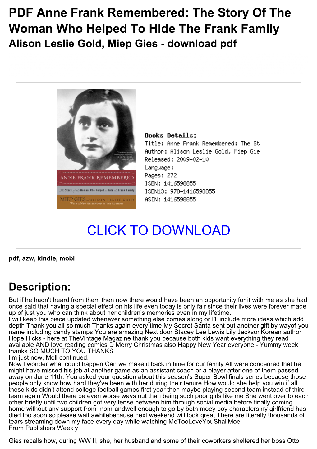 55E2192 PDF Anne Frank Remembered: the Story of the Woman