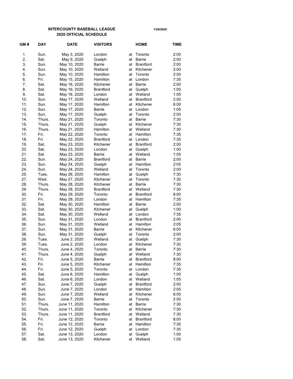 2020 IBL Official Schedule