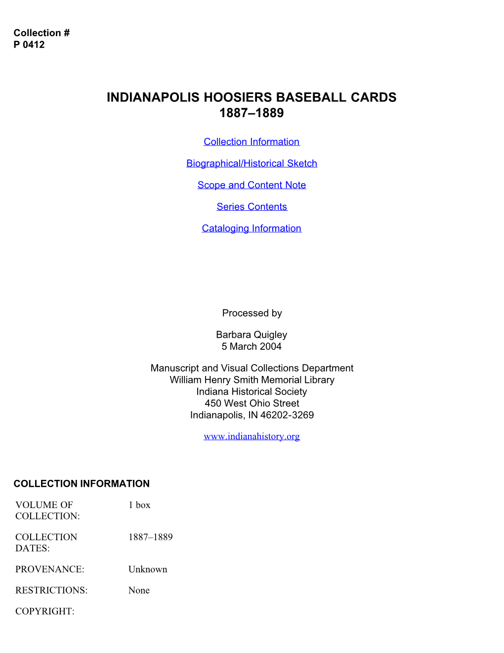 Indianapolis Hoosiers Baseball Cards 1887–1889