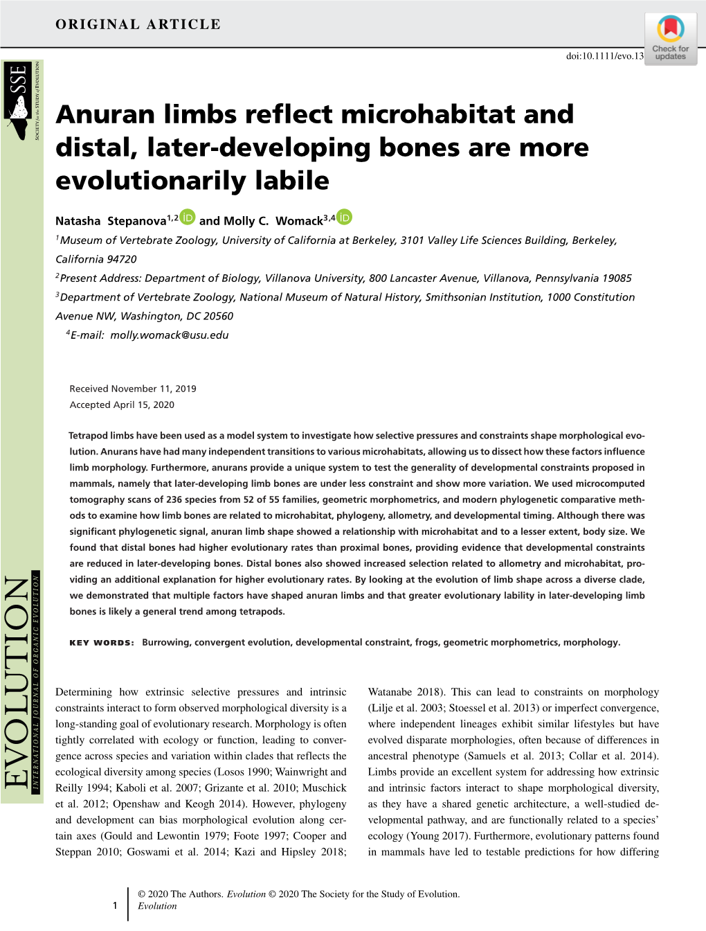 Anuran Limbs Reflect Microhabitat and Distal, Later‐Developing Bones Are