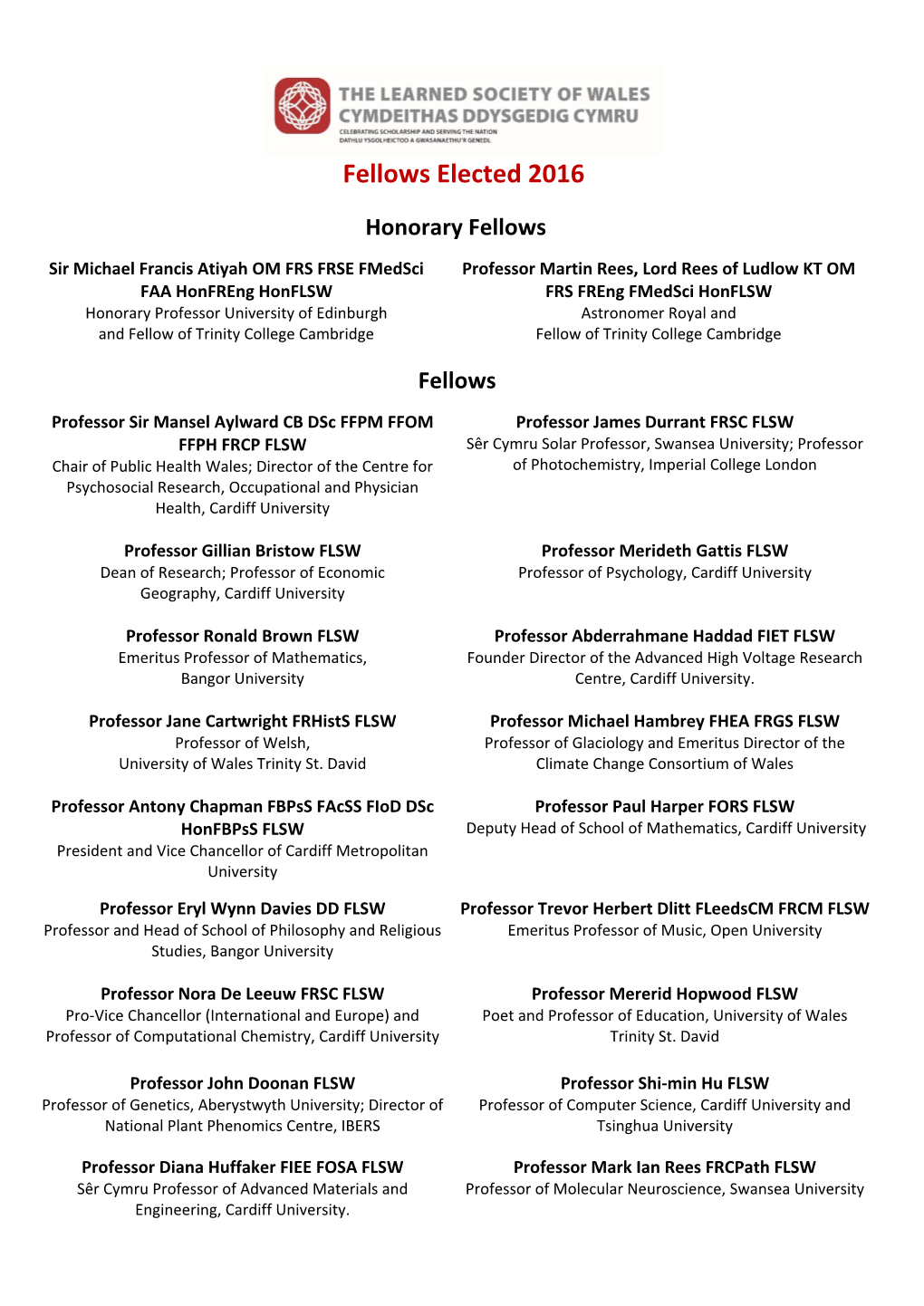 The Full List of New Fellows Can Be Accessed Here