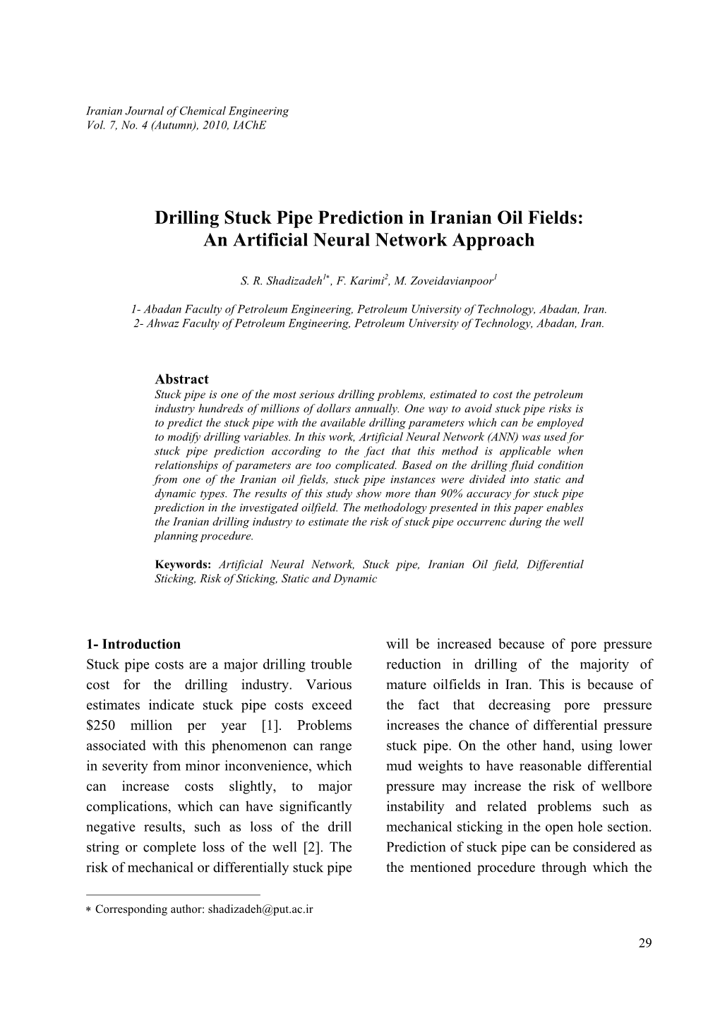 Drilling Stuck Pipe Prediction in Iranian Oil Fields: an Artificial Neural Network Approach