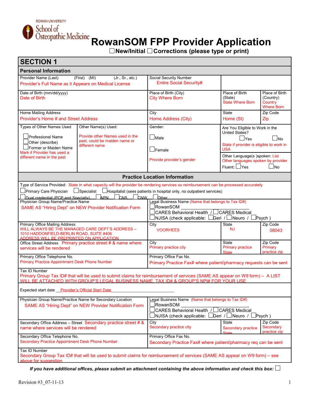 New Jersey Universal Physician Application