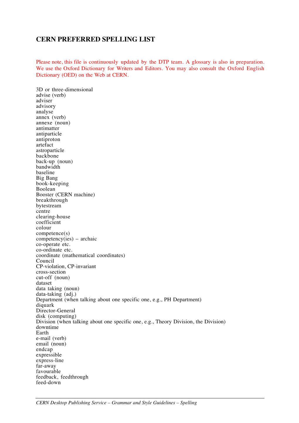 Cern Preferred Spelling List