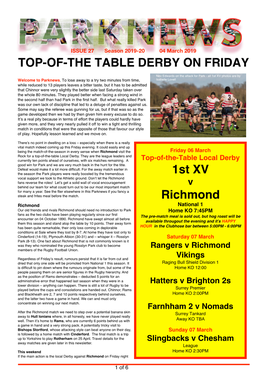 1St XV Richmond TOP-OF-THE TABLE DERBY on FRIDAY
