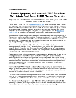 Newark Symphony Hall Awarded $750K Grant from N.J. Historic Trust Toward $40M Planned Renovation