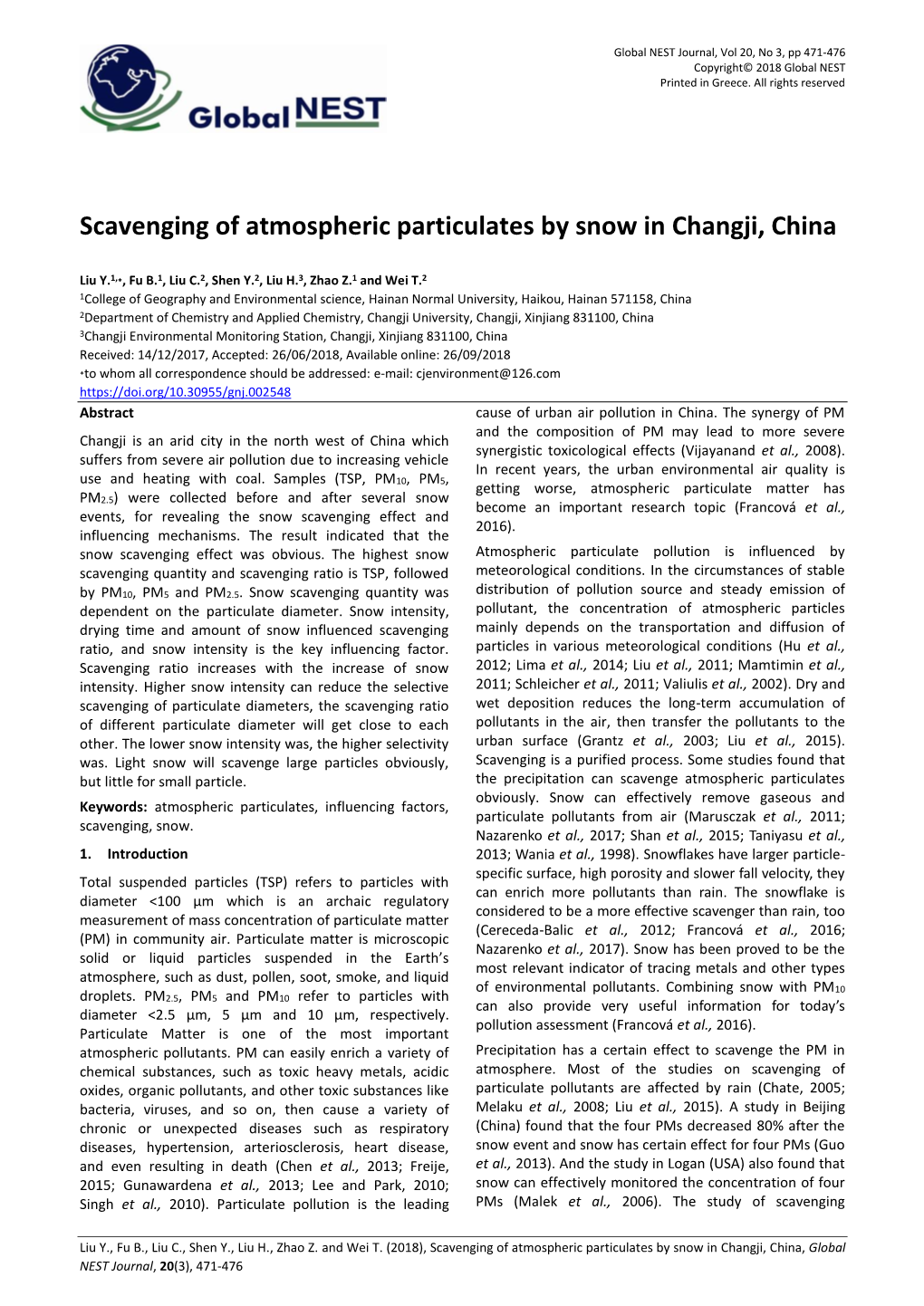 Scavenging of Atmospheric Particulates by Snow in Changji, China