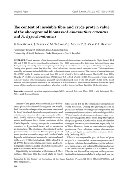 The Content of Insoluble Fibre and Crude Protein Value of the Aboveground Biomass of Amaranthus Cruentus and A