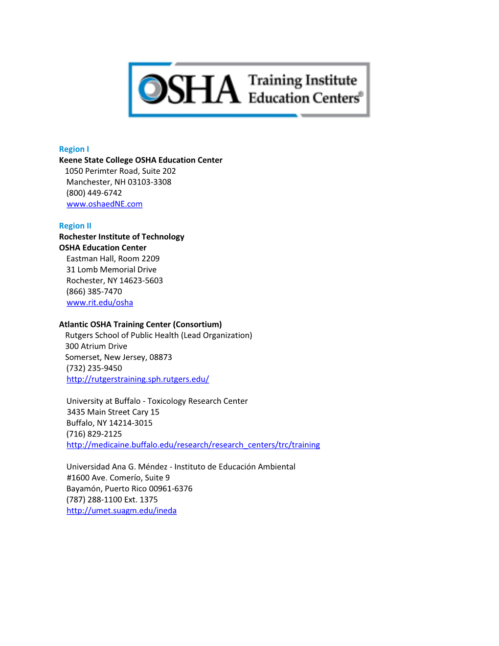 OSHA Training Institute Current Education Centers List