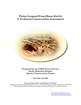 Plains Leopard Frog (Rana Blairi): a Technical Conservation Assessment