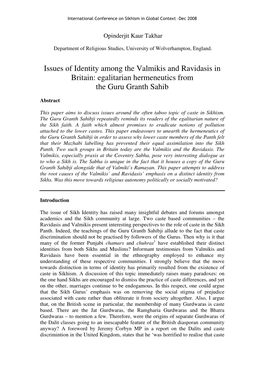 Issues of Identity Among the Valmikis and Ravidasis in Britain: Egalitarian Hermeneutics from the Guru Granth Sahib