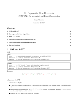 12. Exponential Time Hypothesis COMP6741: Parameterized and Exact Computation