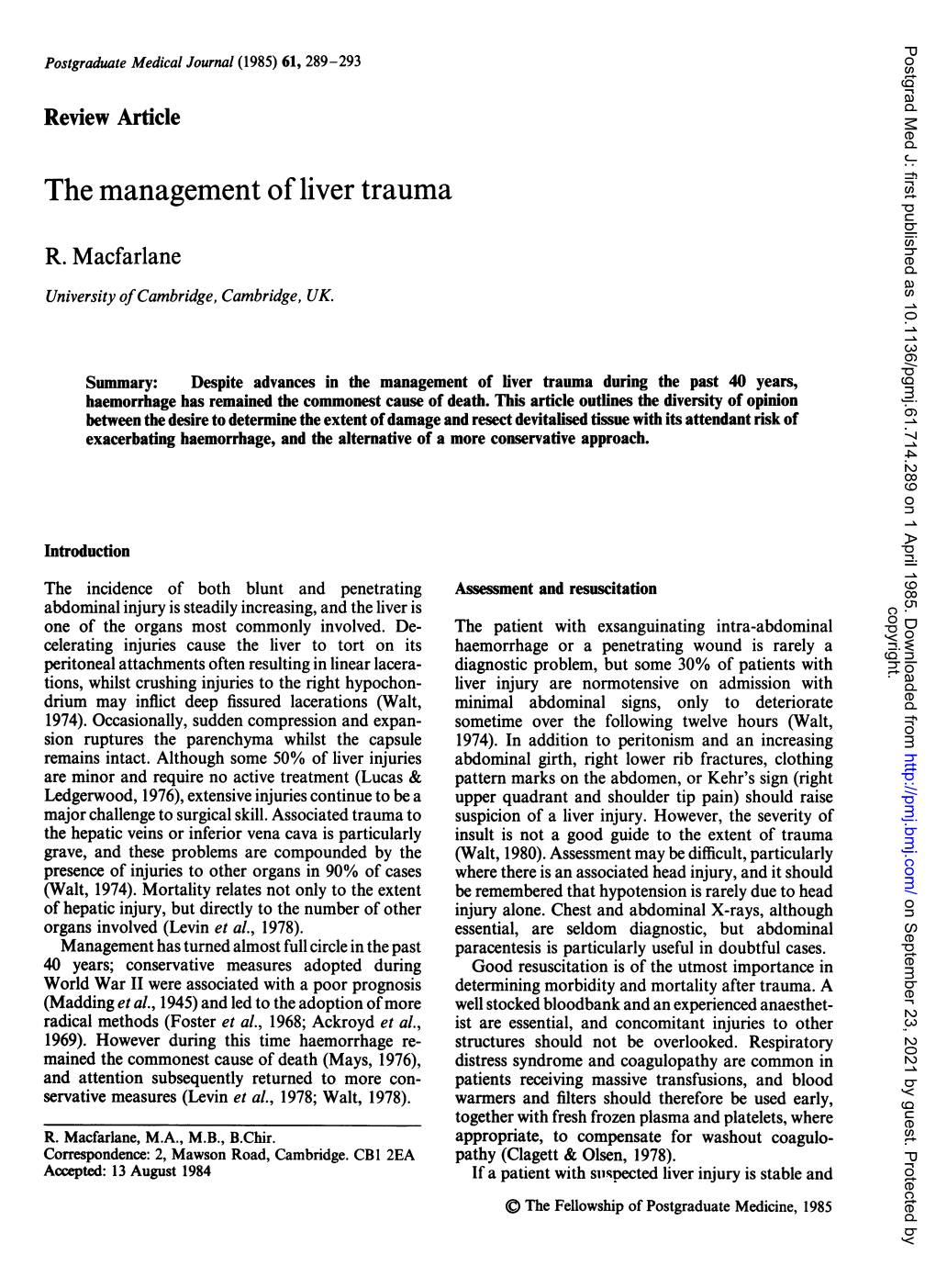 The Management of Liver Trauma During the Past 40 Years, Haemorrhage Has Remained the Commonest Cause of Death