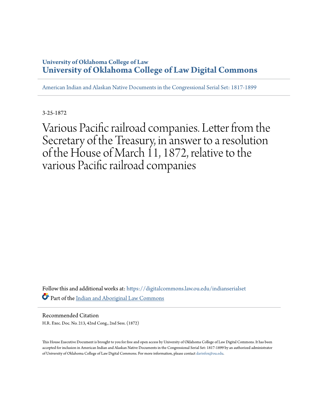 Various Pacific Railroad Companies. Letter from the Secretary of the Treasury, in Answer to a Resolution of the House of March 1