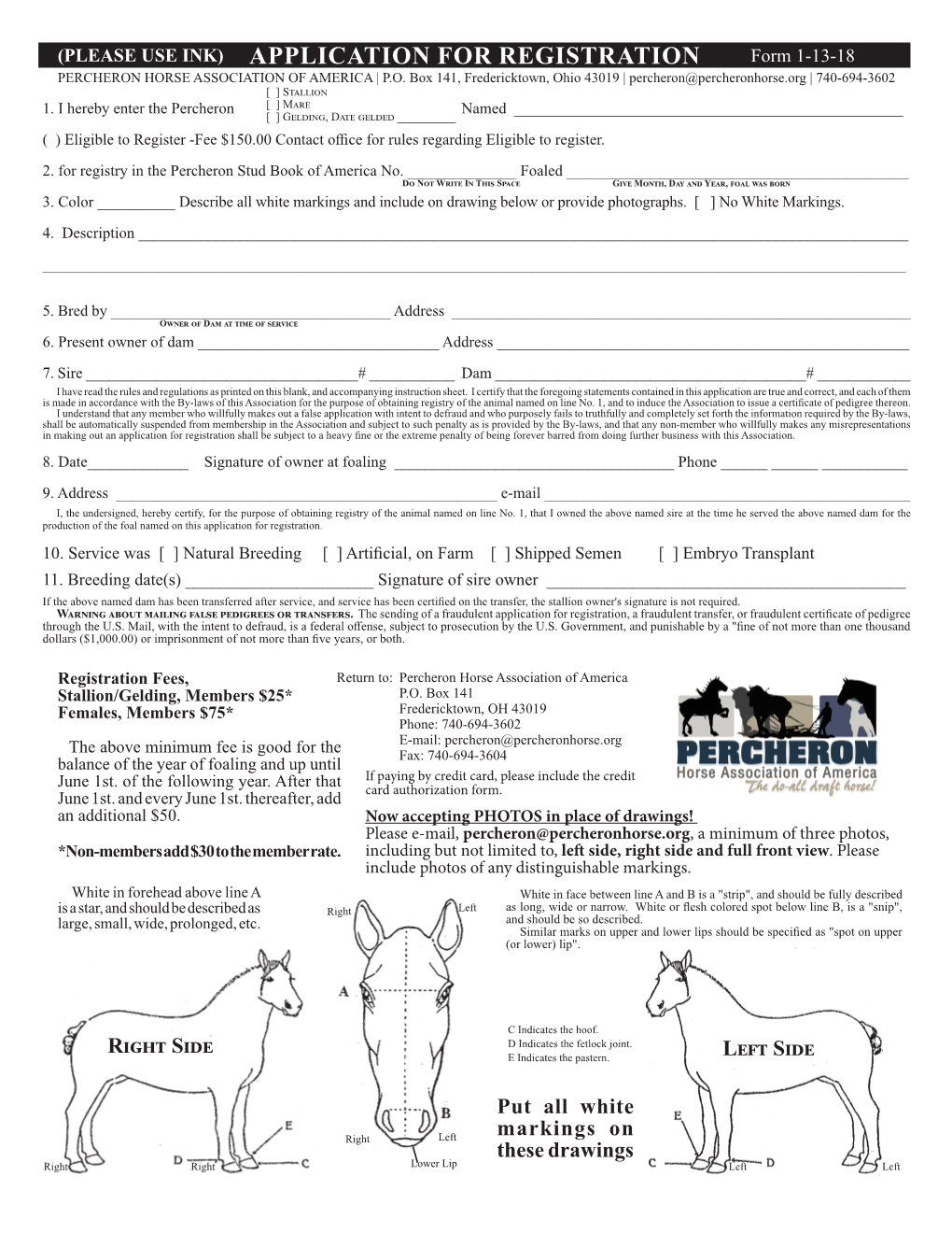 APPLICATION for REGISTRATION Form 1-13-18 PERCHERON HORSE ASSOCIATION of AMERICA | P.O