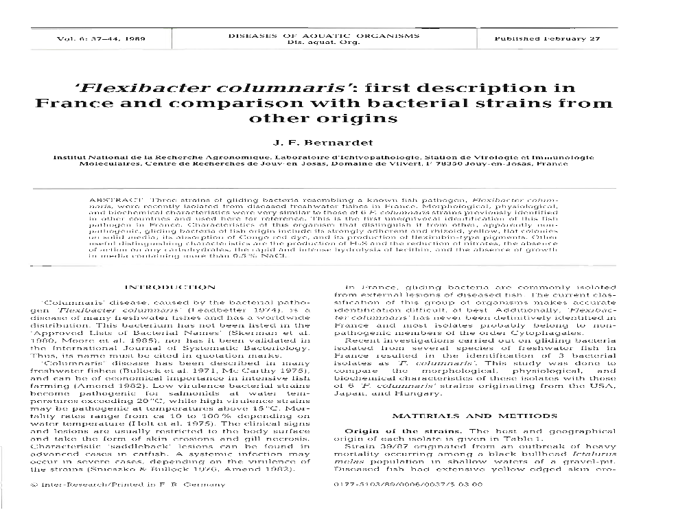 Flexibacter Columnaris': First Description in France and Comparison with Bacterial Strains from Other Origins