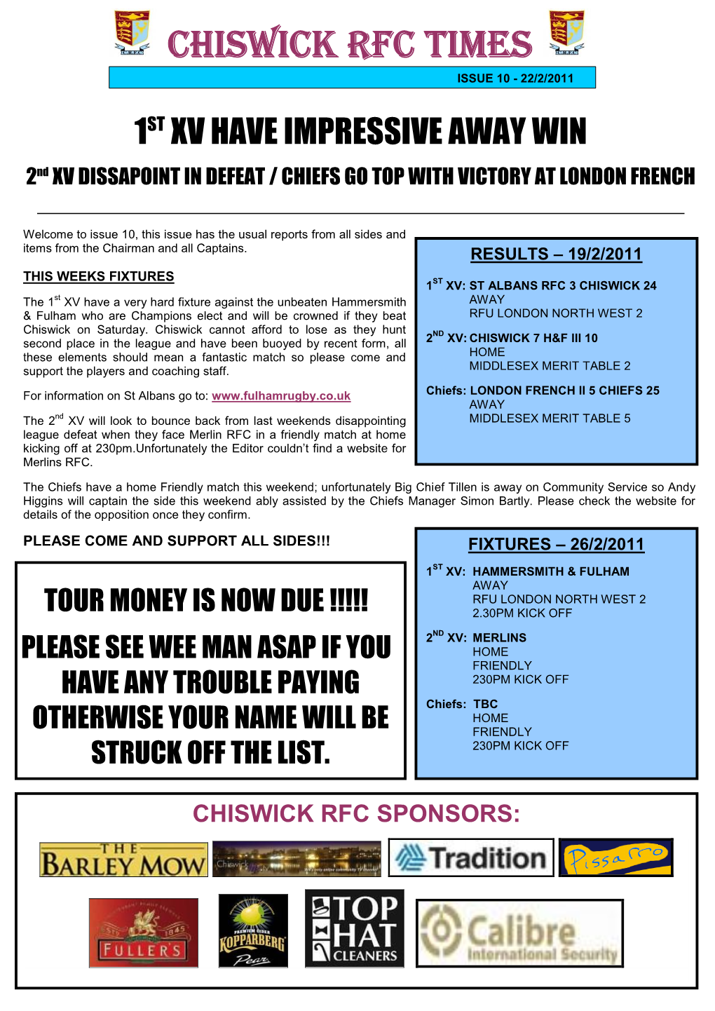 Chiswick RFC Times ISSUE 10 - 22/2/2011