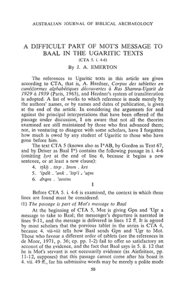 John A. Emerton, "A Difficult Part of Mot's Message to Baal in the Ugaritic Texts,"