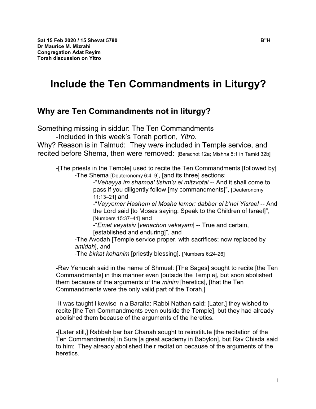 Include the Ten Commandments in Liturgy?