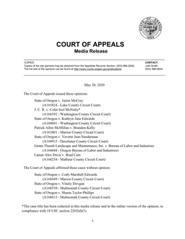 COURT of APPEALS Media Release